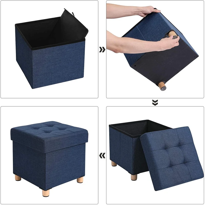 Banc de rangement tabouret rembourré pliable avec couvercle pieds en bois massif 38 x 38 x 40 cm gain de place capacité de charge 300 kg pour chambre couloir bleu marine 12_0000422