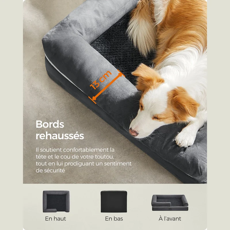 Panier pour chien orthopédique canapé lit pour animaux rembourrage moelleux bords rehaussé housse amovible et lavable 91 x 71 x 25 cm aantidérapant gris 12_0006853