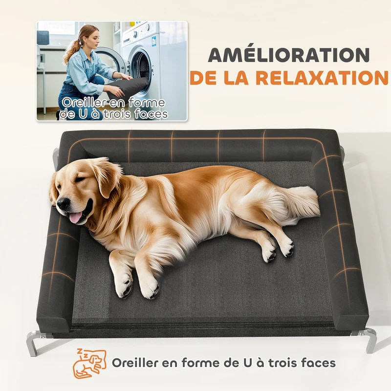 Lit surélevé pour chien intérieur extérieur 130 x 90 x 30 cm assise aérée soutien articulaire moderne en textilène noir 21_0007373