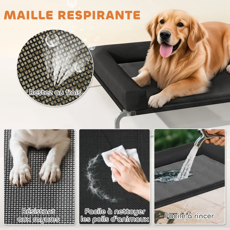 Lit surélevé pour chien intérieur extérieur 130 x 90 x 30 cm assise aérée soutien articulaire moderne en textilène noir 21_0007373