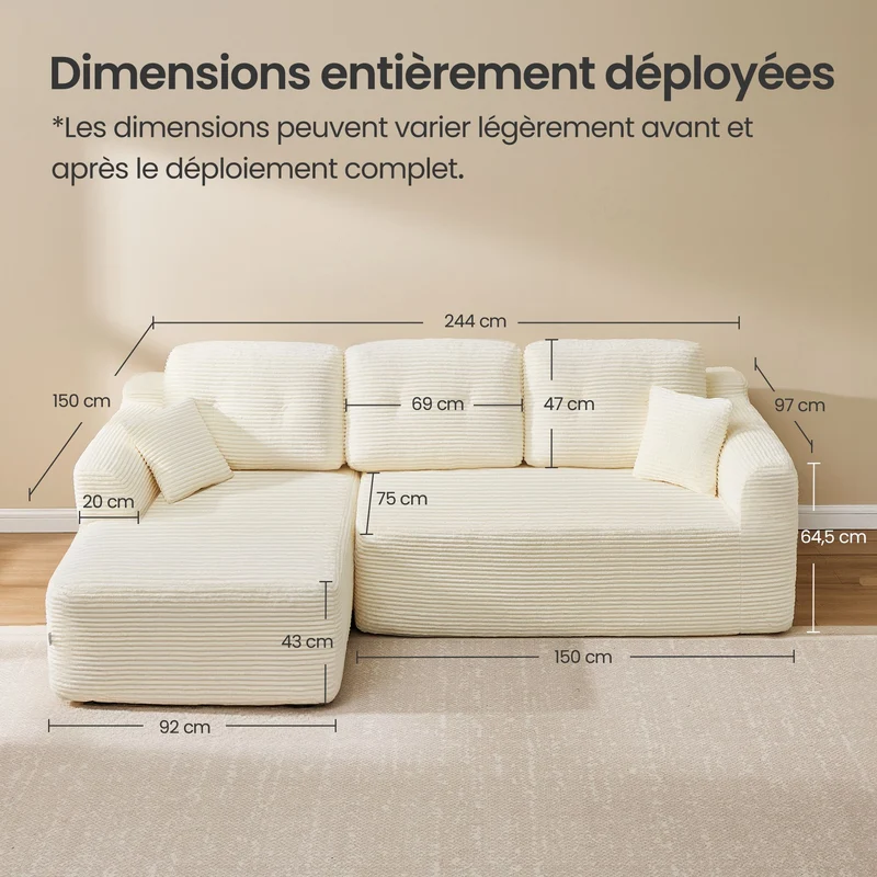 Canapé d'angle modulable avec grande méridienne 150 x 244 x 73 cm confort optimal style contemporain en velours crème 12_0012238