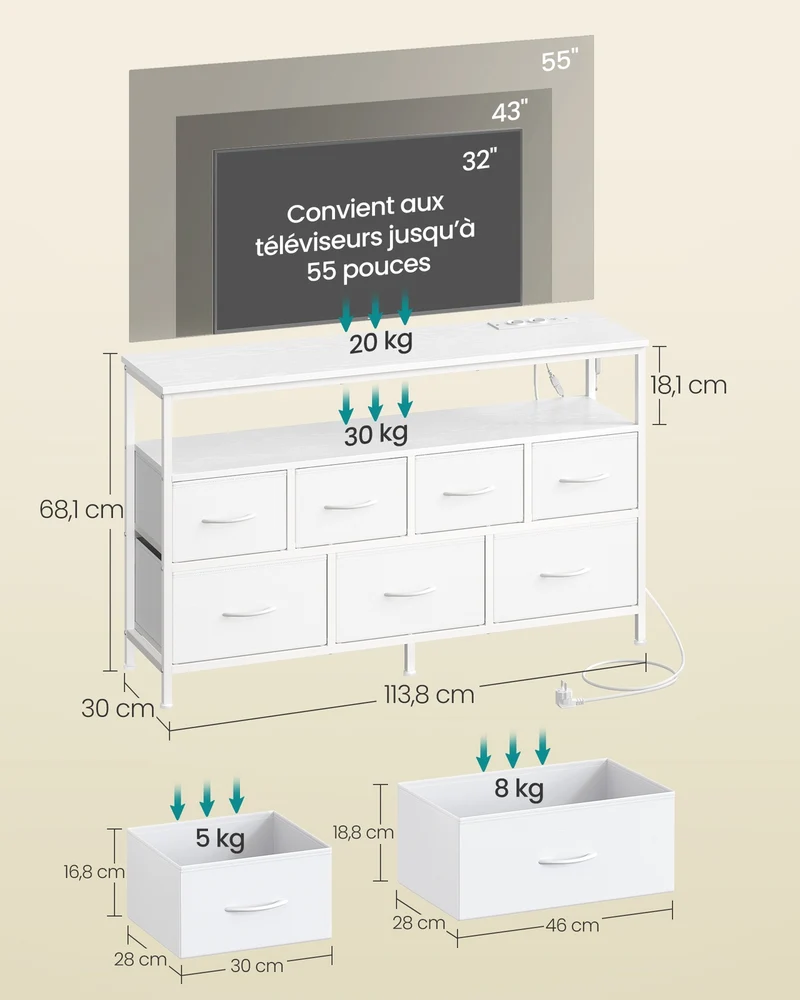 Commode de rangement moderne avec 7 tiroirs et étagère 30 x 113,8 x 68,1 cm style épuré salon en panneau MDF blanc nuage 12_0012448