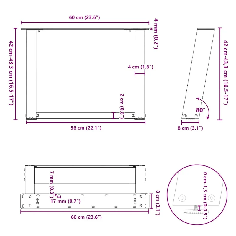 Lot de 2 pieds de table basse en U inclinés 60 x 43 cm support robuste réglable design moderne en acier noir 02_0057052