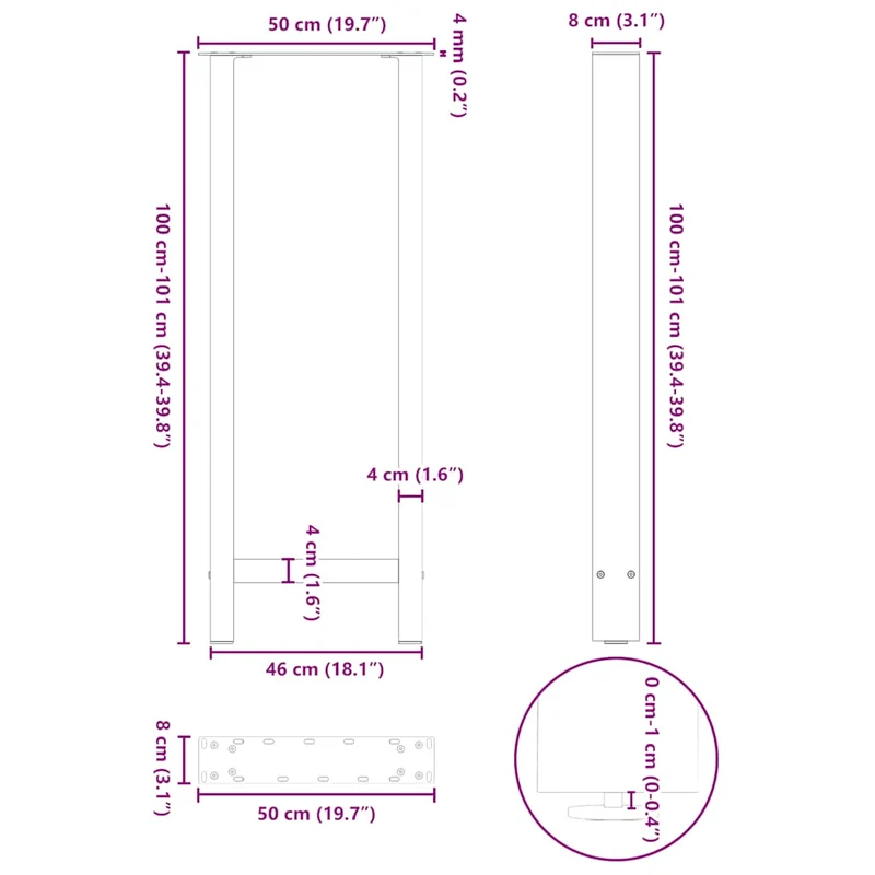 Lot de 2 pieds de table de bar modernes acier 50 x 100 cm avec niveleurs réglables en anthracite 02_0057582