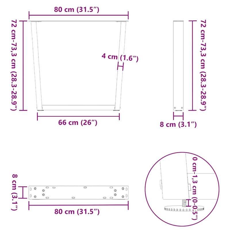 Lot de 2 pieds de table à manger en V réglables 80 x 73 cm pour bureau moderne en acier blanc 02_0056935