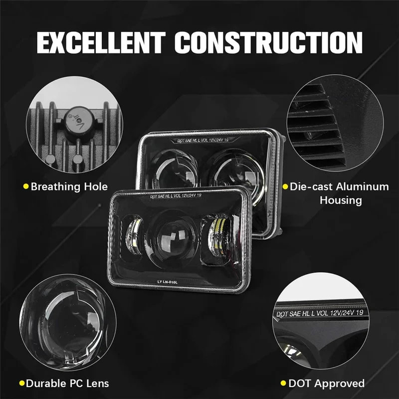 Phares LED Rectangulaires 4x6 Peterbilt Kenworth
