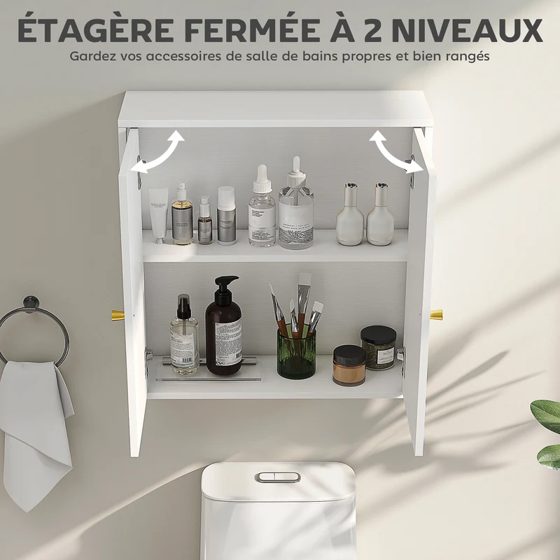Armoire murale salle de bain double porte 60 x 20 x 60 cm rangement optimisé étagères style moderne épuré en MDF blanc 21_0002754