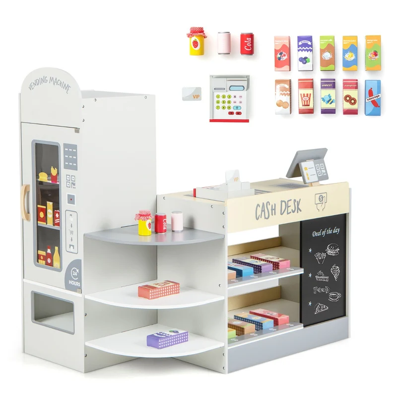 Jeu d'épicerie enfants 89 x 57 x 88 cm avec caisse enregistreuse interactive et 13 aliments en gris MDF 20_0012237