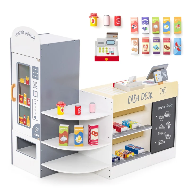Jeu d'épicerie pour enfants 89 x 57 x 88 cm avec caisse enregistreuse et distributeur auto style moderne en MDF blanc 20_0012236