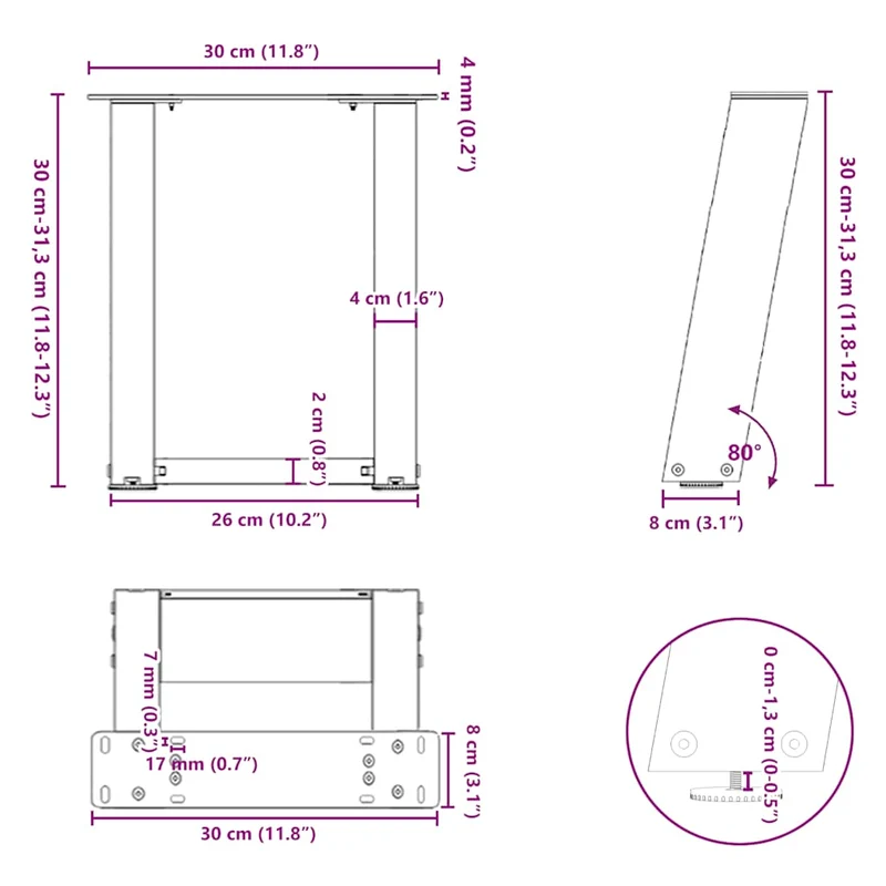 Lot de 2 pieds de table basse en U inclinés 30 x 30 cm stable moderne en acier blanc 02_0057022