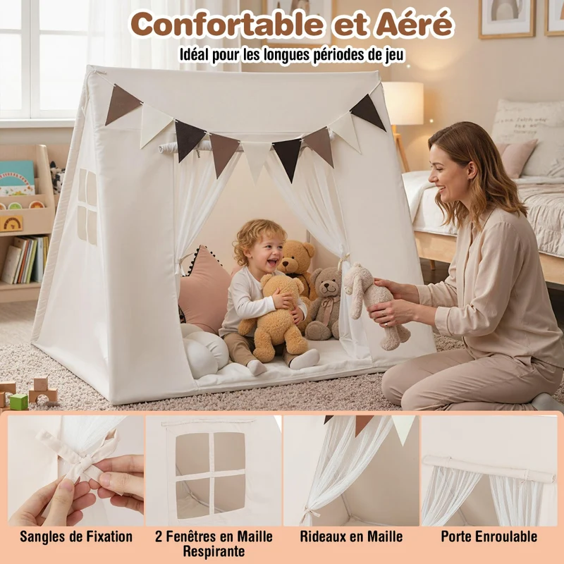 Tente de jeu intérieure douce 120 x 120 x 105 cm avec tapis lavable ambiance cosy en tissu velours beige 20_0017996