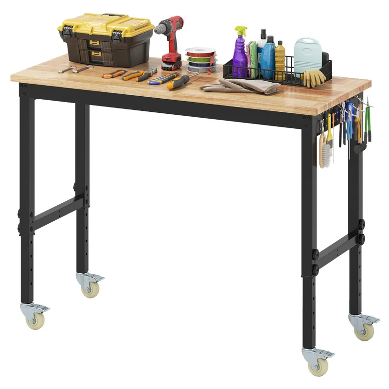 Etabli réglable avec roues 122 x 51 x 74-104 cm capacité 1100 kg design moderne en métal bois de caoutchouc naturel 20_0014742