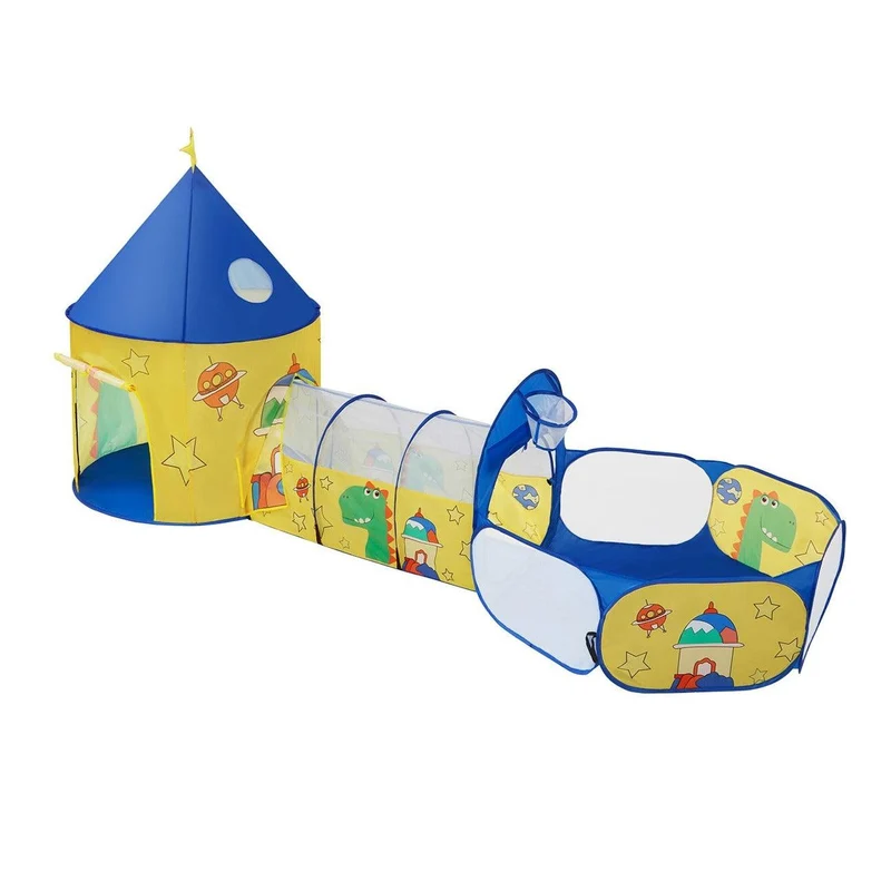 Aire de jeux 3-en-1 parc enfant pop-up avec tente tunnel piscine à balles thème dinosaure espace idée cadeau jaune et bleu 12_0002283
