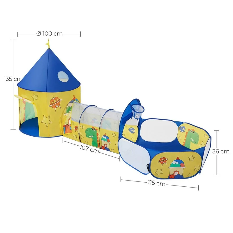 Aire de jeux 3-en-1 parc enfant pop-up avec tente tunnel piscine à balles thème dinosaure espace idée cadeau jaune et bleu 12_0002283