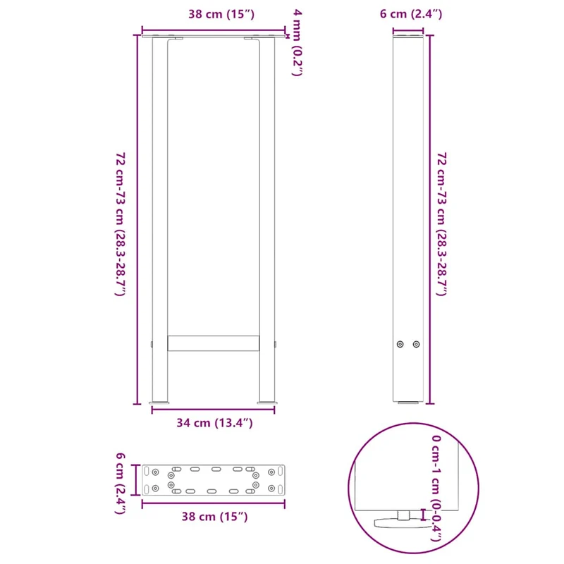 Lot de 2 pieds de table console réglables 38 x 72 cm design moderne salle à manger en acier noir 02_0057536