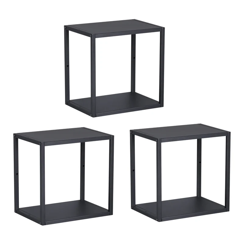 Set de 3 étagères murales avec fond et panneaux latéraux acier 28 x 28 x 20 cm noir 03_0010638