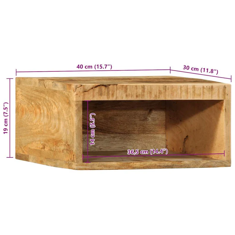 Meuble TV mural suspendu 40 x 30 x 19 cm grand espace de rangement rustique en bois massif de manguier brut 02_0057695