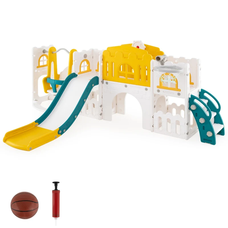 Ensemble de jeux 10 en 1 pour enfants 252 x 150 x 102 cm sécurisé avec toboggan pliable ambiance ludique en HDPE jaune 20_0011838