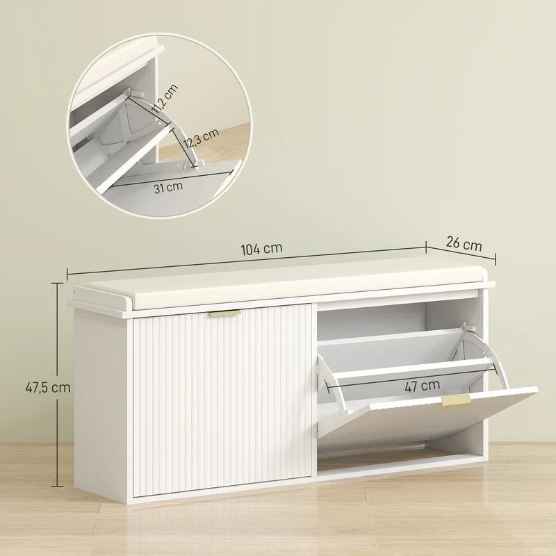 Banc à chaussures d'entrée 104 x 26 x 47.5 cm coussin rembourré tiroir basculant gain de place contemporain en MDF blanc 21_0002740