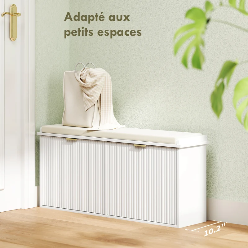 Banc à chaussures d'entrée 104 x 26 x 47.5 cm coussin rembourré tiroir basculant gain de place contemporain en MDF blanc 21_0002740