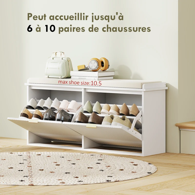 Banc à chaussures d'entrée 104 x 26 x 47.5 cm coussin rembourré tiroir basculant gain de place contemporain en MDF blanc 21_0002740