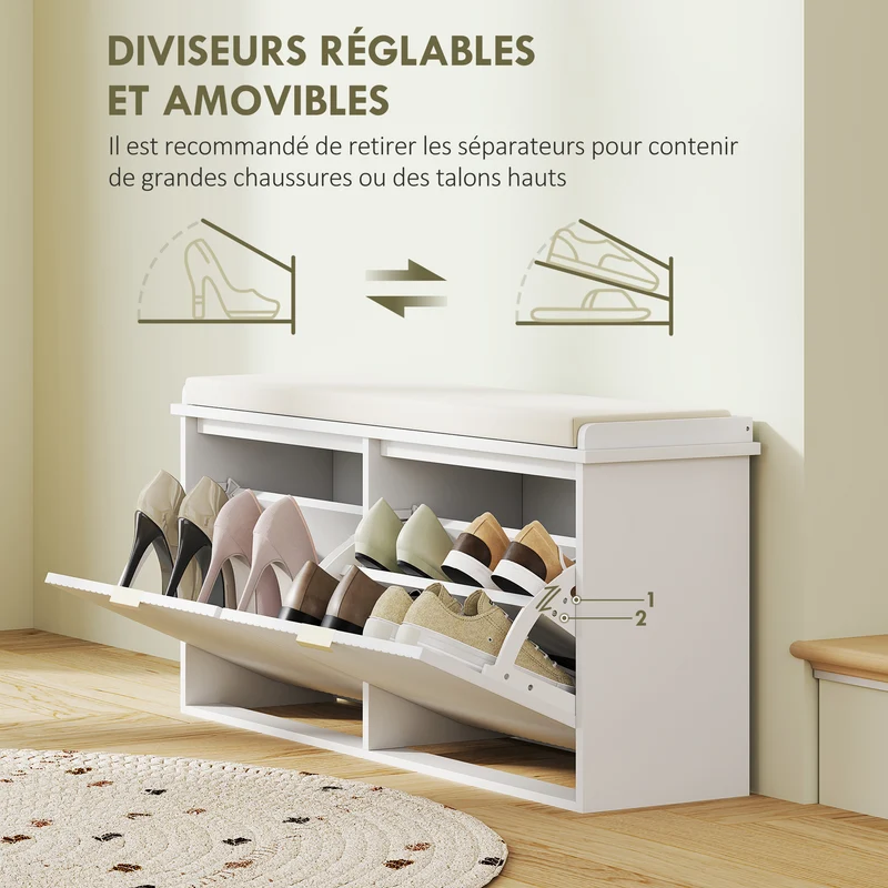 Banc à chaussures d'entrée 104 x 26 x 47.5 cm coussin rembourré tiroir basculant gain de place contemporain en MDF blanc 21_0002740