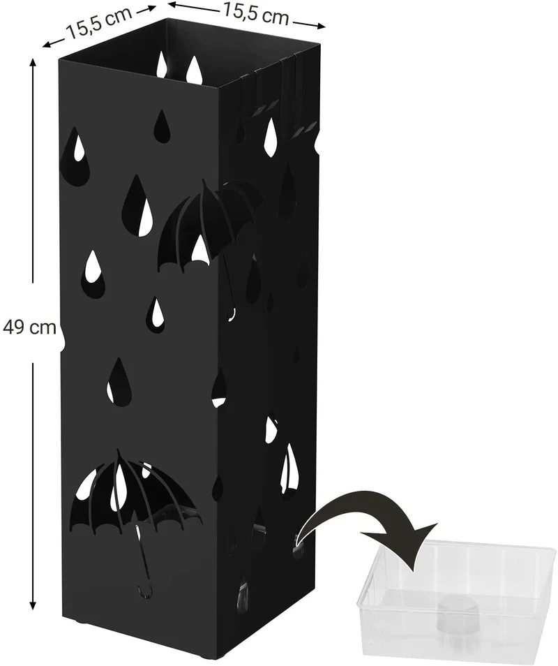Porte parapluies en métal carré support pour parapluies avec un plateau et crochets 49 cm noir 12_0000872