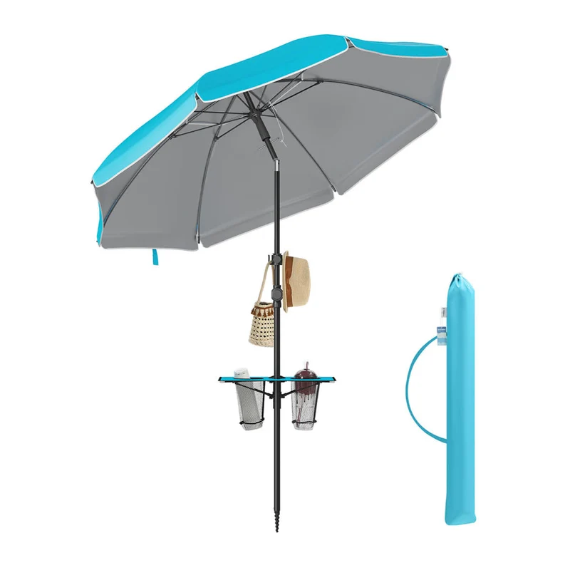 Parasol upf 50+ inclinaison de 30° des 2 côtés hauteur réglable petite tablette crochets adapté pour plage jardin sans base 12_0006893