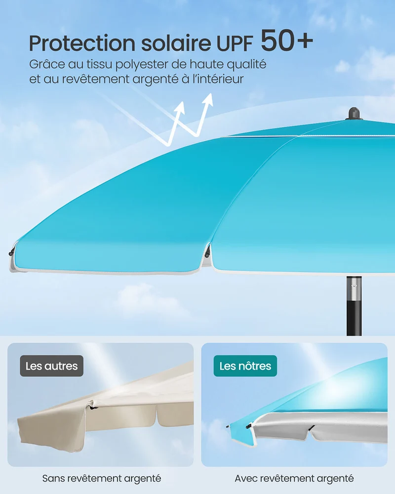 Parasol upf 50+ inclinaison de 30° des 2 côtés hauteur réglable petite tablette crochets adapté pour plage jardin sans base 12_0006893