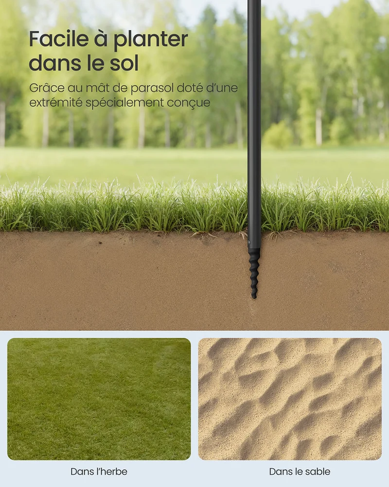 Parasol upf 50+ inclinaison de 30° des 2 côtés hauteur réglable petite tablette crochets adapté pour plage jardin sans base 12_0006893