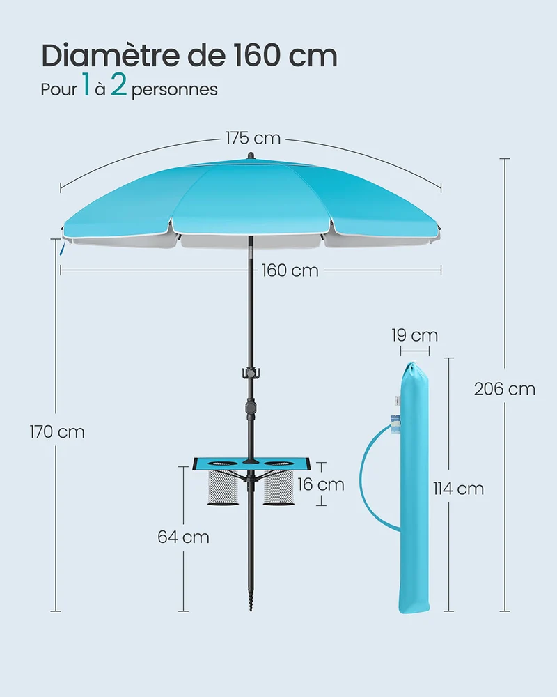 Parasol upf 50+ inclinaison de 30° des 2 côtés hauteur réglable petite tablette crochets adapté pour plage jardin sans base 12_0006893