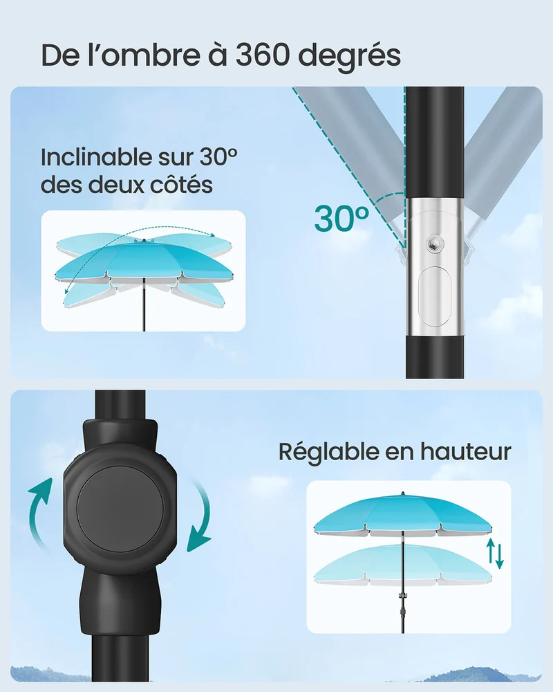 Parasol upf 50+ inclinaison de 30° des 2 côtés hauteur réglable petite tablette crochets adapté pour plage jardin sans base 12_0006893