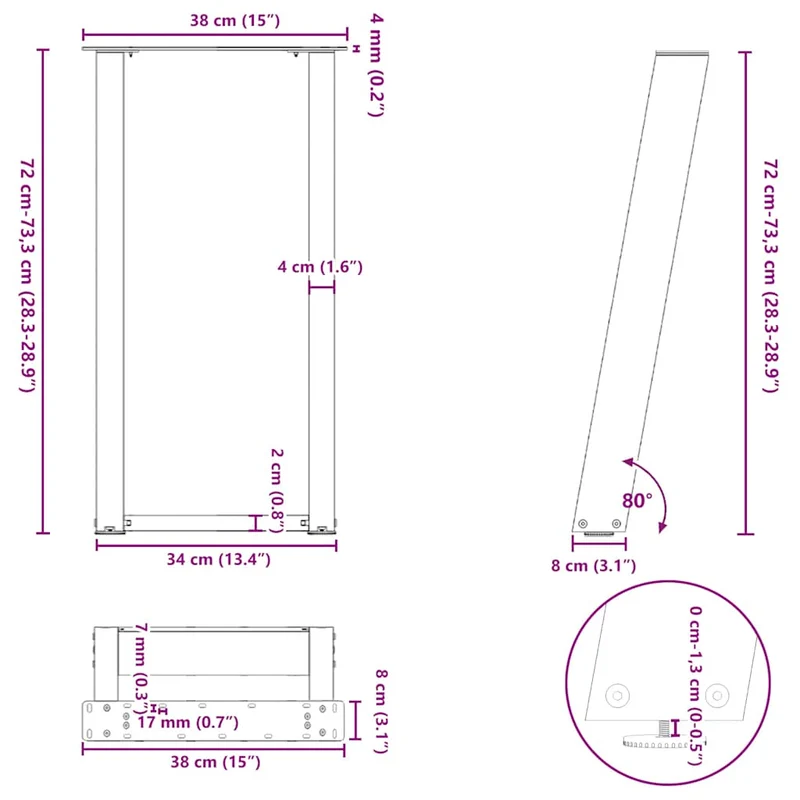 Lot de 2 pieds de table console en U inclinés 38 x 72 cm stables modernes en acier noir 02_0057062