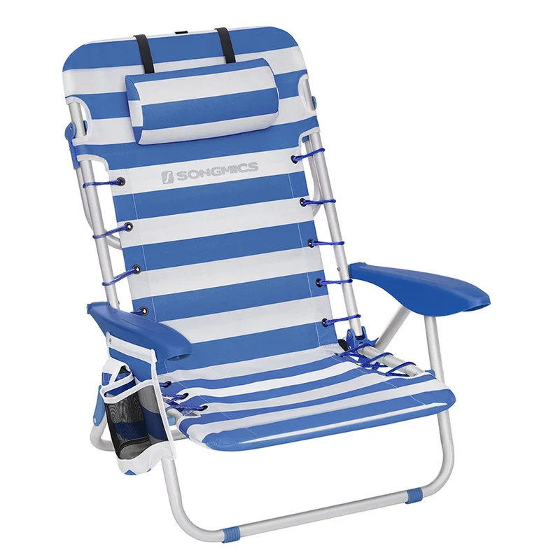 Chaise de plage pliante aluminium avec oreiller pliable inclinable portable comme sac à dos chaise d’extérieur rayure bleue et blanche 12_0004890
