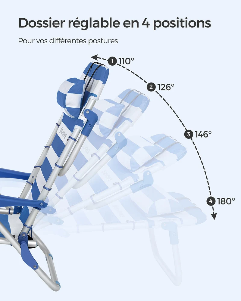 Chaise de plage pliante aluminium avec oreiller pliable inclinable portable comme sac à dos chaise d’extérieur rayure bleue et blanche 12_0004890