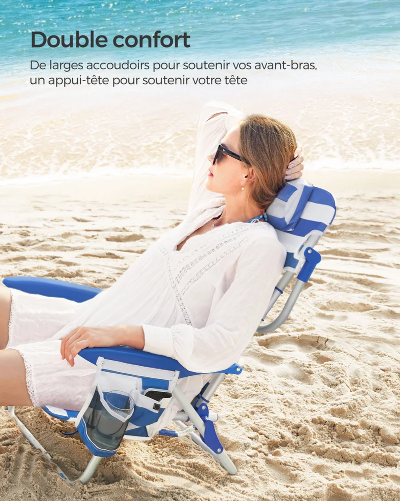 Chaise de plage pliante aluminium avec oreiller pliable inclinable portable comme sac à dos chaise d’extérieur rayure bleue et blanche 12_0004890
