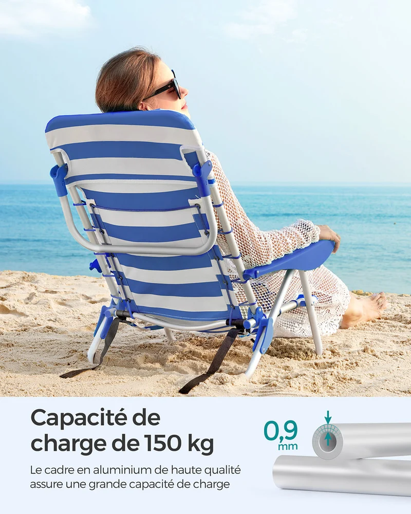 Chaise de plage pliante aluminium avec oreiller pliable inclinable portable comme sac à dos chaise d’extérieur rayure bleue et blanche 12_0004890