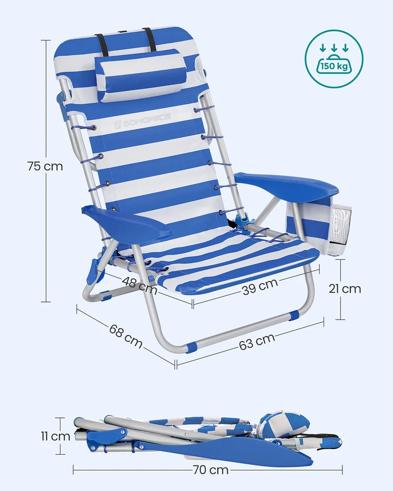 Chaise de plage pliante aluminium avec oreiller pliable inclinable portable comme sac à dos chaise d’extérieur rayure bleue et blanche 12_0004890
