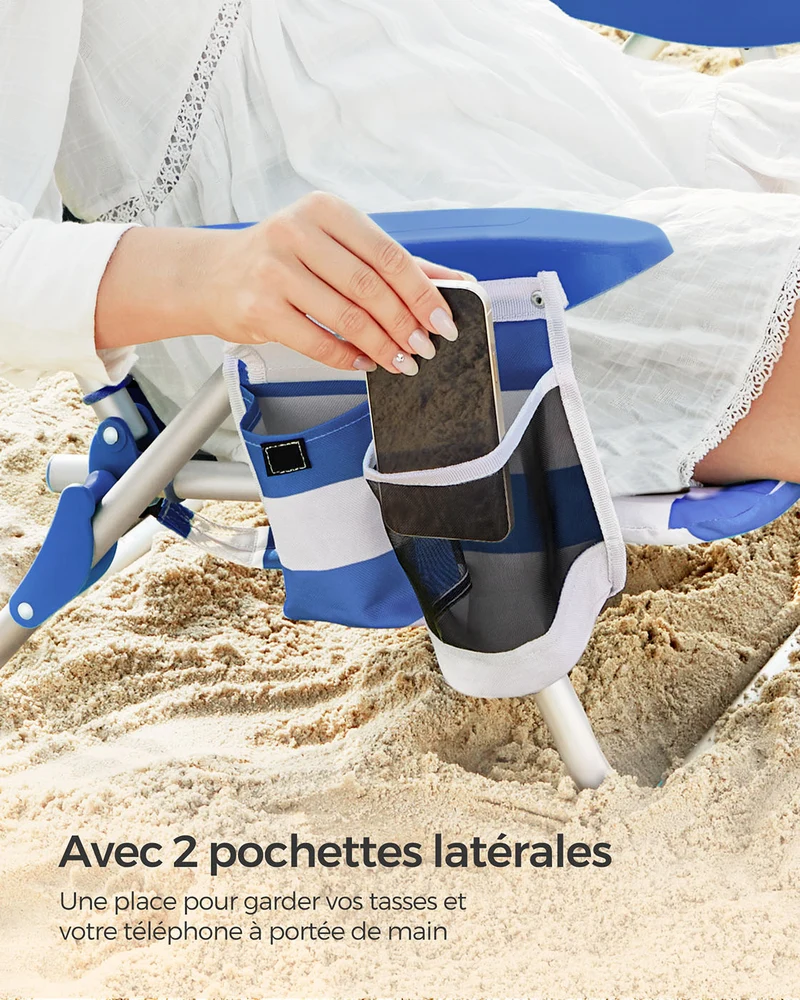 Chaise de plage pliante aluminium avec oreiller pliable inclinable portable comme sac à dos chaise d’extérieur rayure bleue et blanche 12_0004890