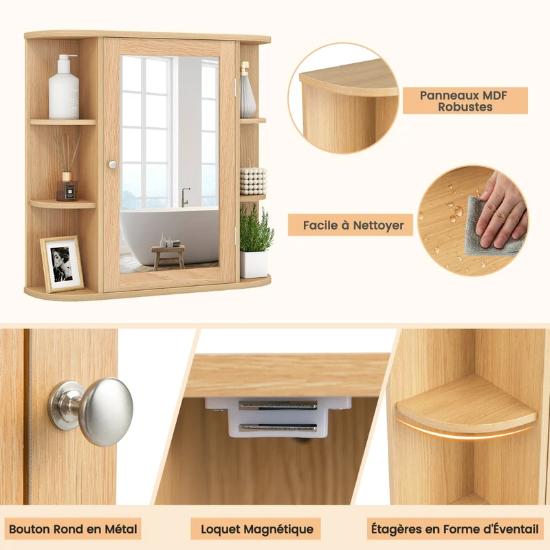 Meuble de salle de bain mural avec miroir et 6 étagères 66 x 17 x 64 cm design moderne en MDF naturel 20_0017496
