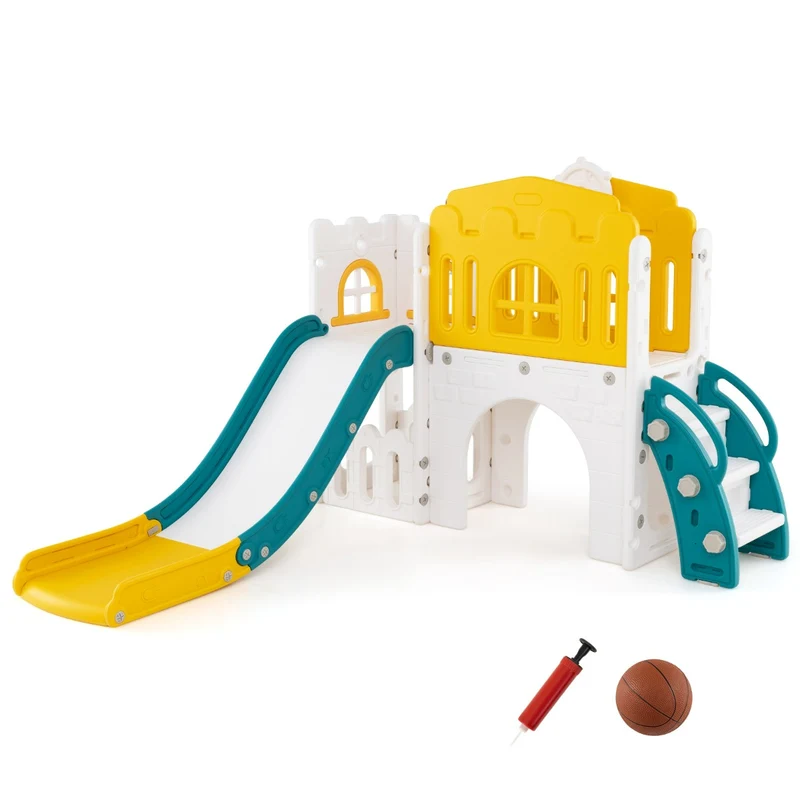 lot de 1 toboggan 9 en 1 pour tout-petits 176 x 138 x 102 cm forme ludique sécurité améliorée ambiance cosy en HDPE jaune 20_0014350