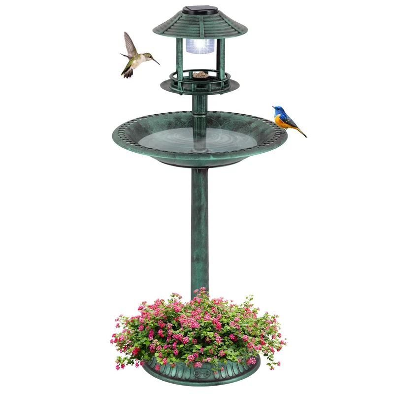 Bain d'oiseaux 3 en 1 avec jardinière et lampe solaire 51 x 51 x 107 cm design vintage ambiance cosy en PP bronze antique 20_0010490