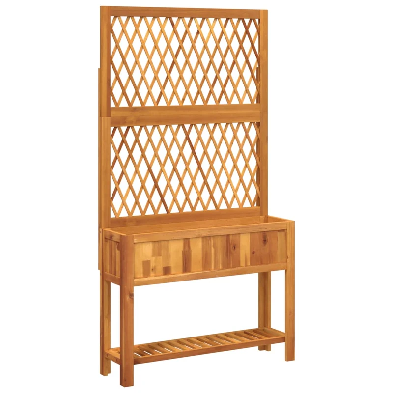 Jardinière bac lit surélevé plantes fleurs terrasse jardin avec treillis et étagère bois massif d'acacia marron 02_0038378