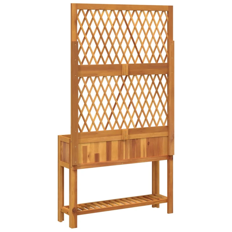 Jardinière bac lit surélevé plantes fleurs terrasse jardin avec treillis et étagère bois massif d'acacia marron 02_0038378