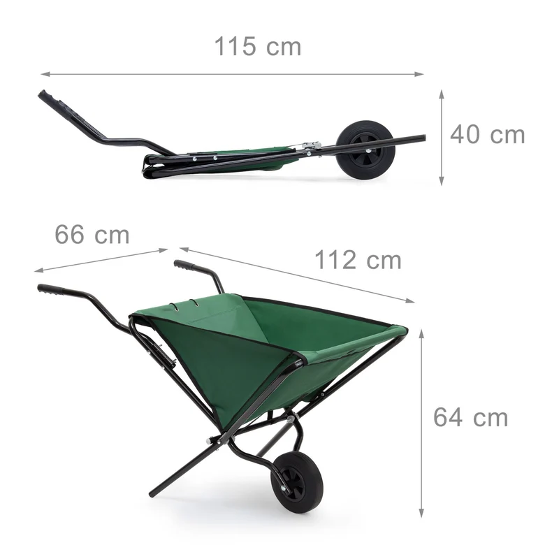 Brouette pliante de jardin transportable capacité 56 litres charge 30 kg en toile verte 13_0003270