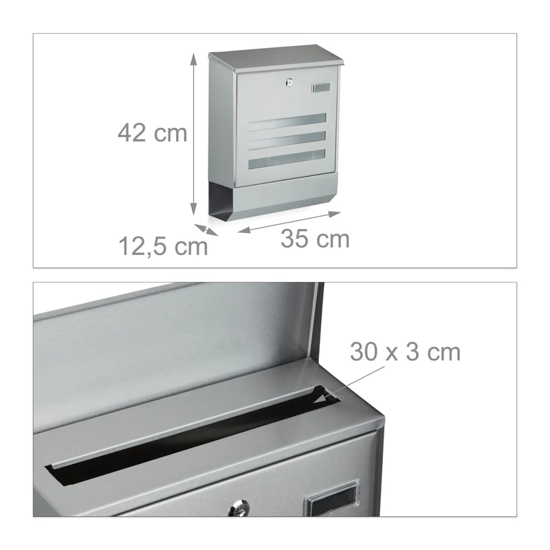 Boîte aux lettres moderne avec compartiment journaux 30 x 40 x 10 cm design pratique en inox argenté 13_0003463