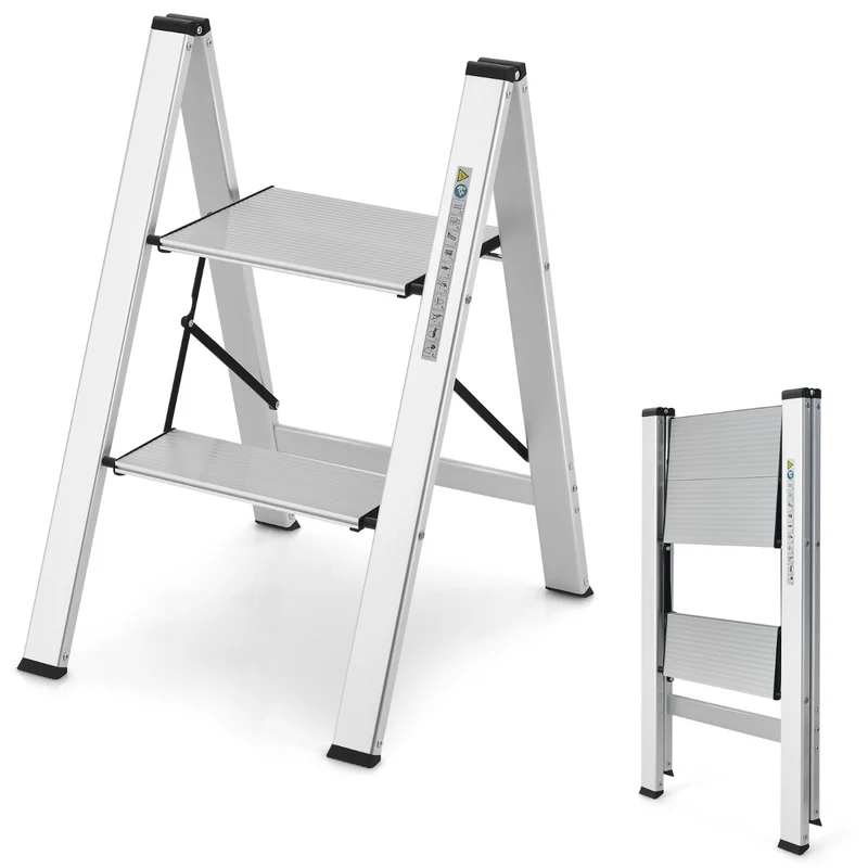 Marchepied pliable 2 marches 49 x 44 x 66 cm charge 150kg design antidérapant en aluminium argent 20_0020155