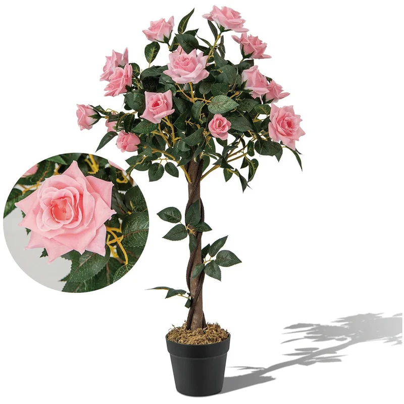 Arbre à roses artificiel en pot 93 x 16 x 13 cm entretien facile pour intérieur ou extérieur style moderne en plastique rose 20_0010179