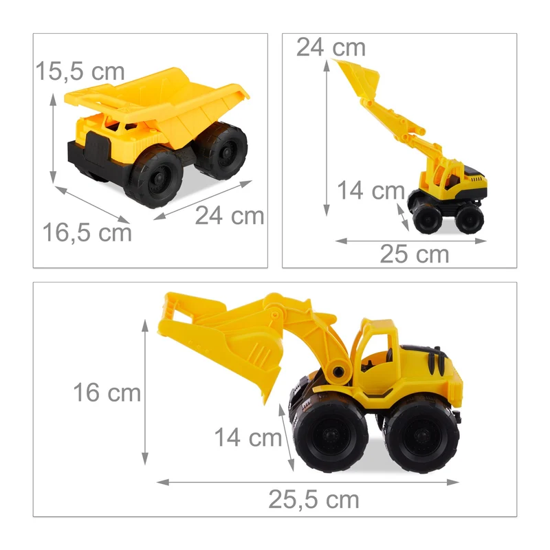 Lot de 3 jouets véhicules de chantier colorés bac à sable 30 x 10 x 10 cm en plastique jaune 13_0003987