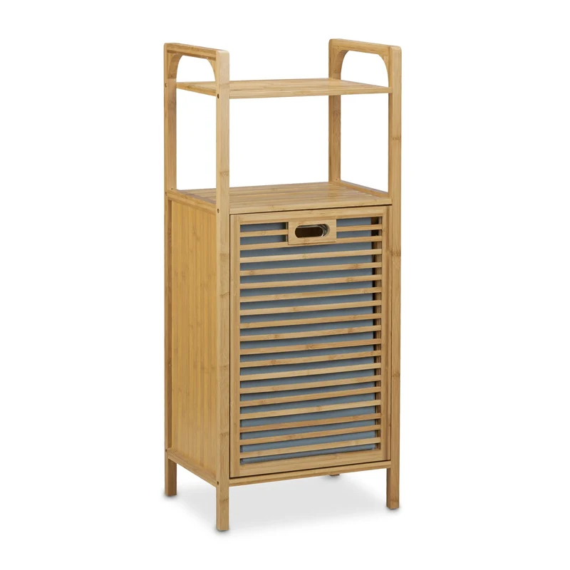 Étagère de salle de bain avec panier à linge amovible 2 niveaux pratique en bambou naturel 13_0003349